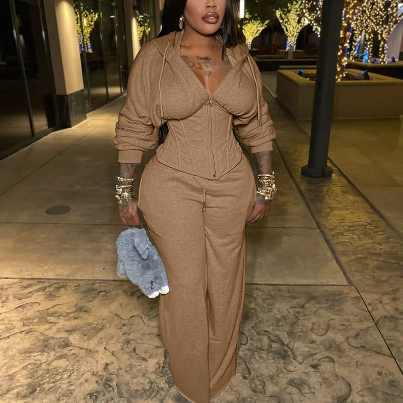 Streetwear Casual Tracksuit Woman 2 Piece Sets Sporty Zipper Hooded Lace-up Bandage Corset Jacket and Sweatpants Matching Set