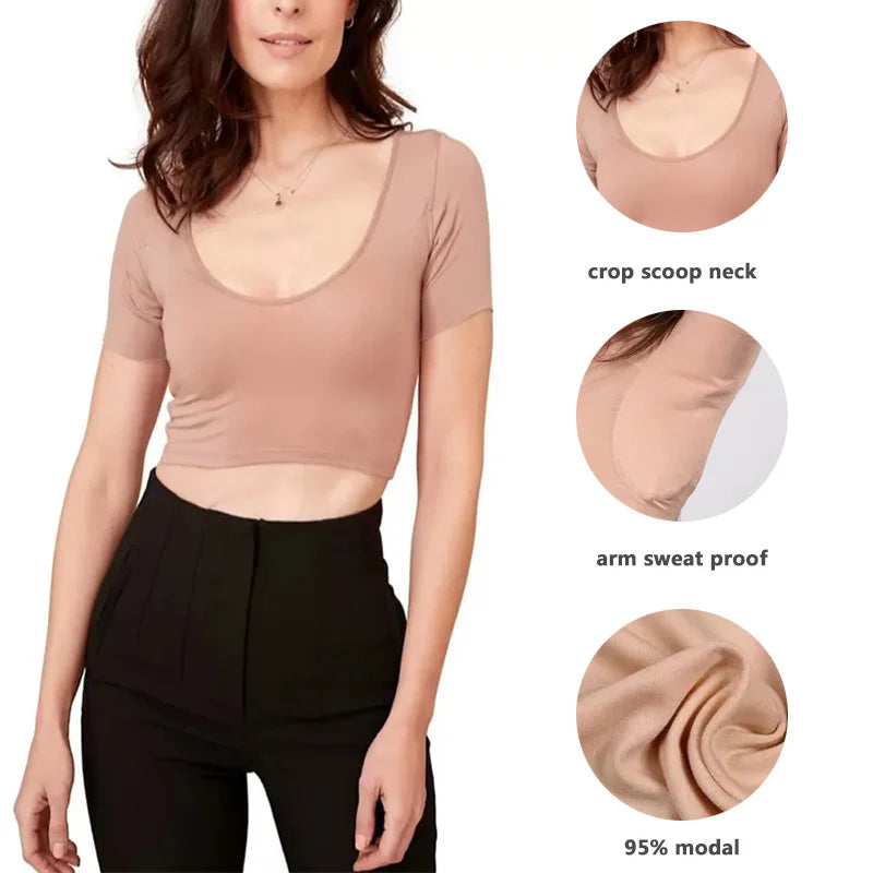 Sweat Proof Padding Anti Perspiration T Shirts Sports Gym Round Neck White Anti-Sweat Sweatproof Undershirts Crop Top