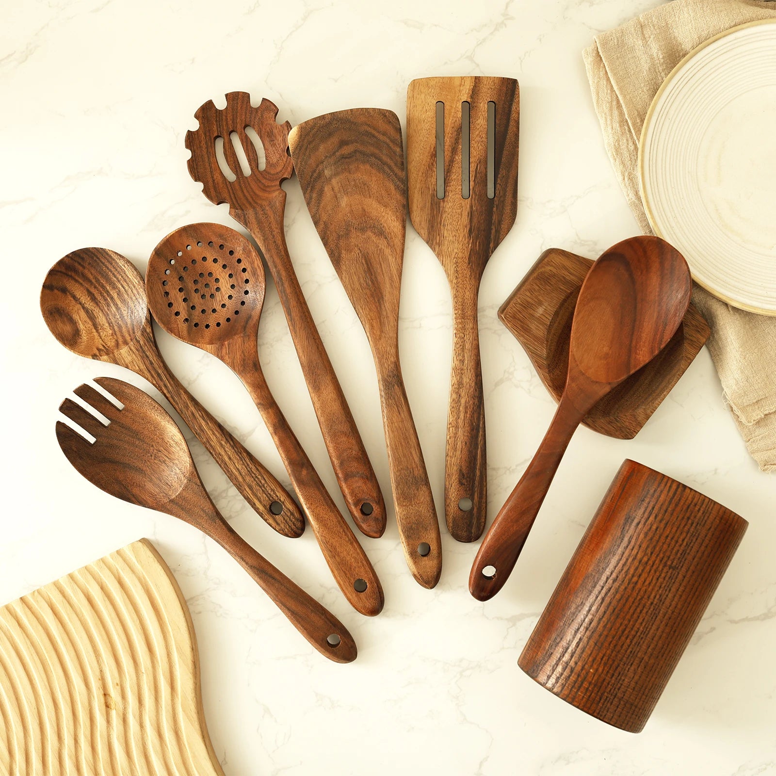 Wood Utensil Set  and Utensils Holder Kitchen Cooking Stainless Steel Utensil Set Practical Cookware Kit for Home Everyday Use