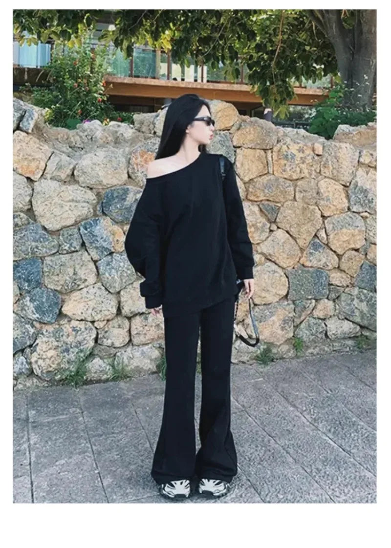 Off-Shoulder Sweatshirt Women's Spring Autumn Loose Minimalist Slimming Temperament Lazy One-Shoulder Top Sleeve Round Trend