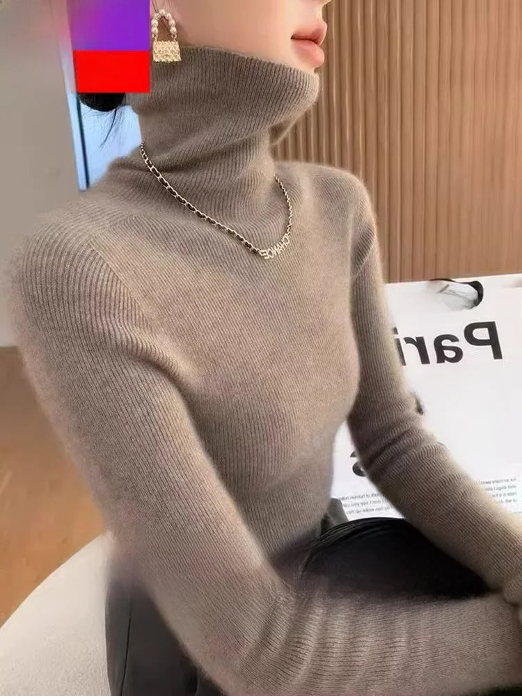 Autumn Winter Thiened Slim Fit Camere Sweater High Collar Knitted Wool Base irt Pure Color Crew Ne Sweater for Women