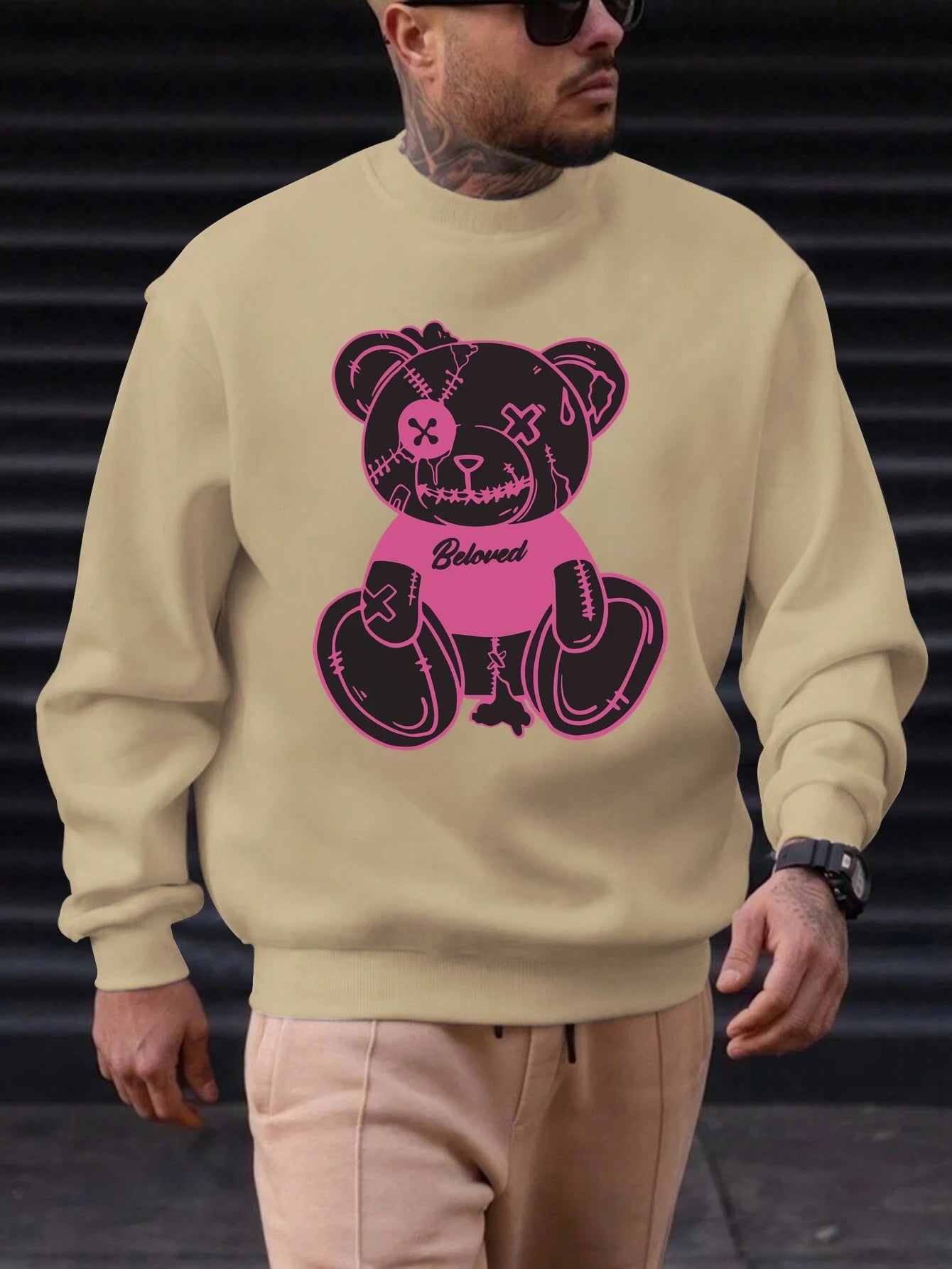 Men's Sweatshirt 2025 New Arrival Edgy Streetwear Cozy Relaxed Fit Distressed Teddy Bear 'Beloved' Quote Bold Print Graphic Top