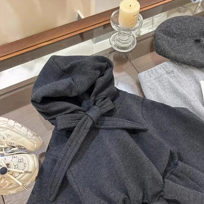 Girls Sweatshirt 2025 Autumn Winter Korean Style Fashion Cute Lovely Dark Gray Solid Color Ruffles Long Sleeve Hoodie