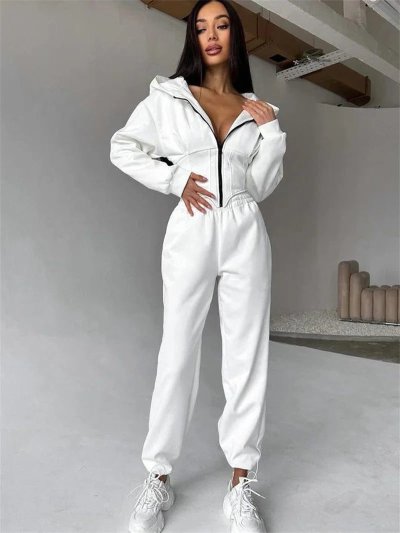 2025 Sweatshirt Two-piece Suit Women's Casual Sports Sets Zipper-up Hooded Tunic Short Jacket Top Straight Trousers 2-piece Sets