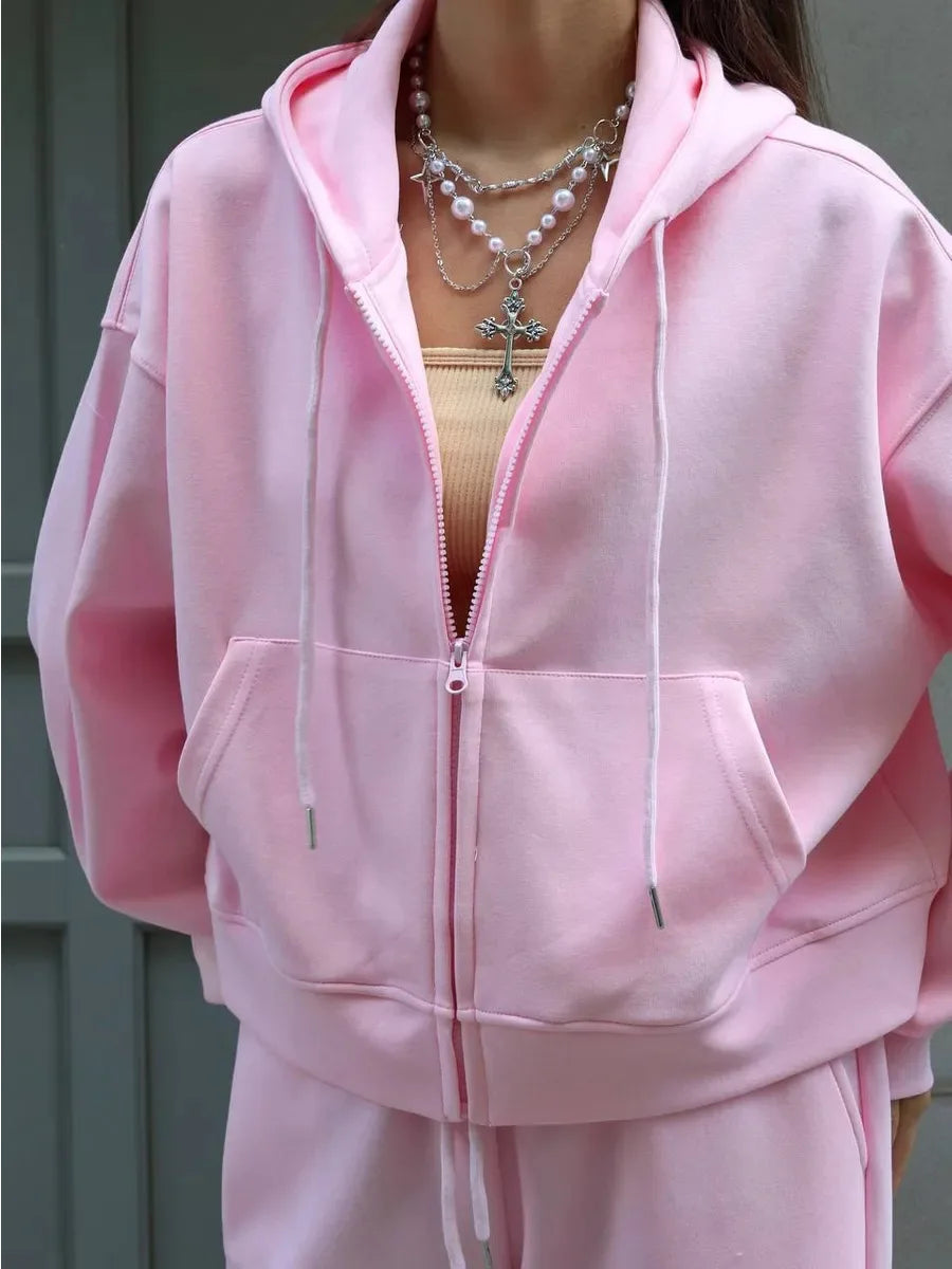 FSMG Casual Hooded Zippers Sweatshirts Pants Set Long Sleeved Cardigan Lace-up Sportswear Two Pieces Set Female Tracksuit Suit