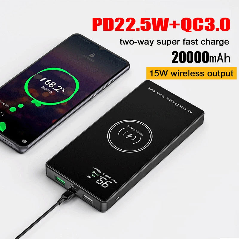 Wireless Charger Power Bank mirror Portable Battery Charger for iPhone 15 Xiaomi Huawei 20000mAh 22.5W  Fast Charging Powerbank