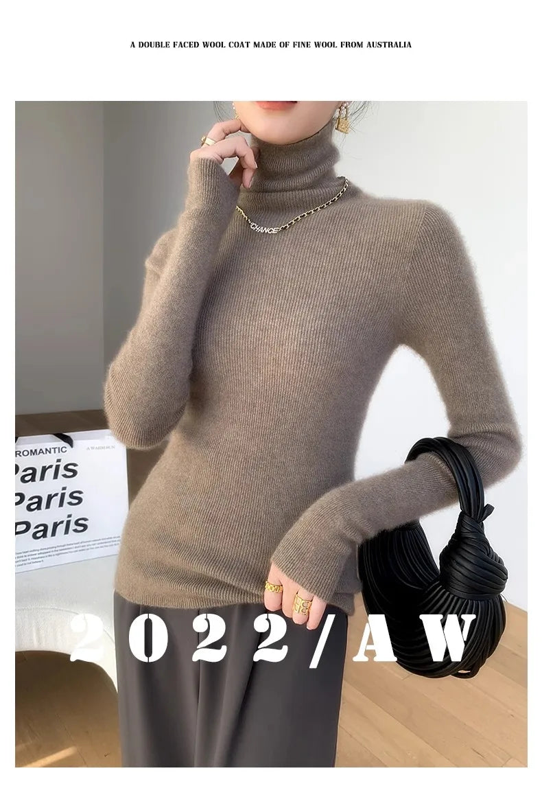Autumn Winter Thiened Slim Fit Camere Sweater High Collar Knitted Wool Base irt Pure Color Crew Ne Sweater for Women