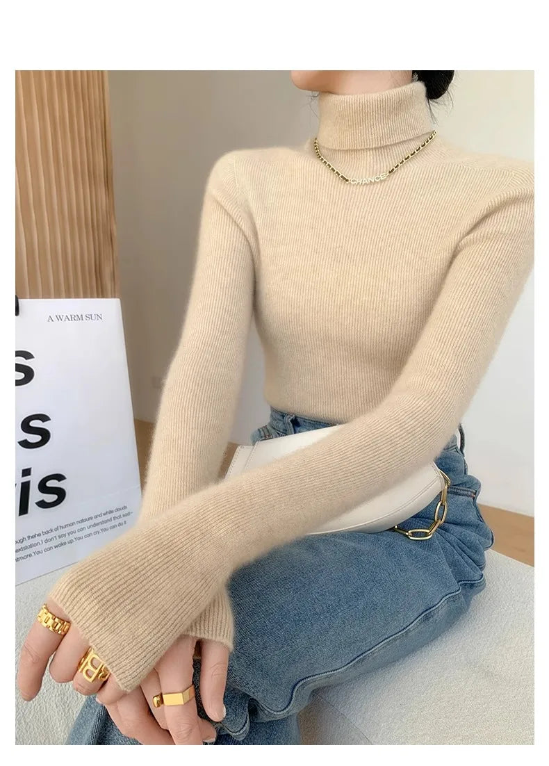 Autumn Winter Thiened Slim Fit Camere Sweater High Collar Knitted Wool Base irt Pure Color Crew Ne Sweater for Women