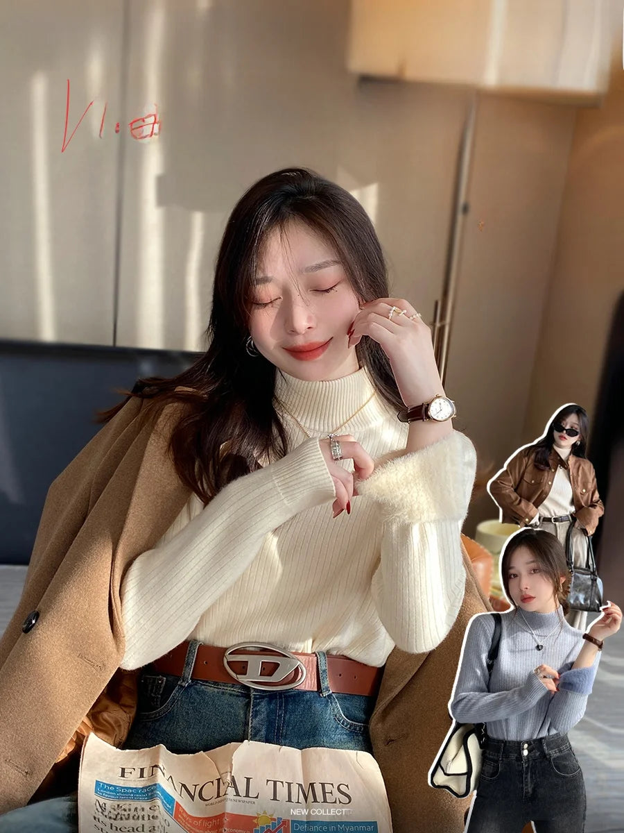 Women's Fce Lined Thiened Autumn Winter Knitwear f High Collar  Velvet Inner irt Warm Top White Color