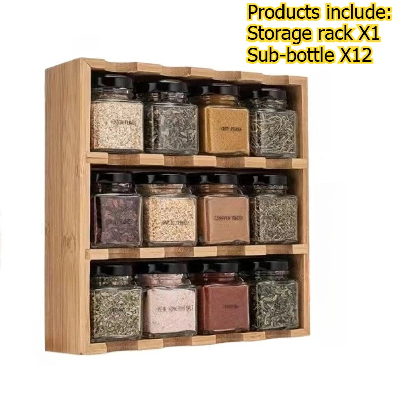 Wooden Kitchen Organizer 12-Grid Multi-Layer Spice Rack Home Essentials Multi-Function Condiment Storage Shelf with Storage Jars