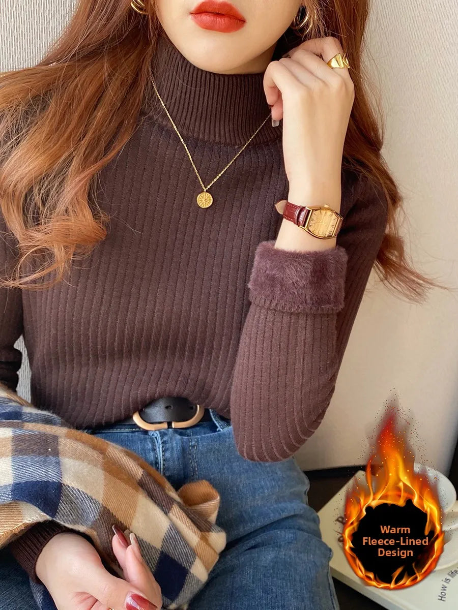 Women's Fce Lined Thiened Autumn Winter Knitwear f High Collar  Velvet Inner irt Warm Top White Color