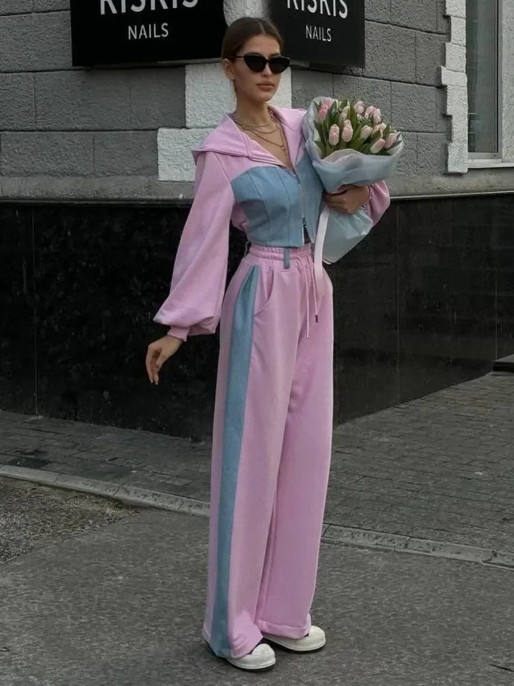 Zekye Autumn Spring Summer Hoodies 2 Piece Sets Long Sleeve Zipper Women's Tracksuit New Crop Tops Wide Leg Sport Pants Set