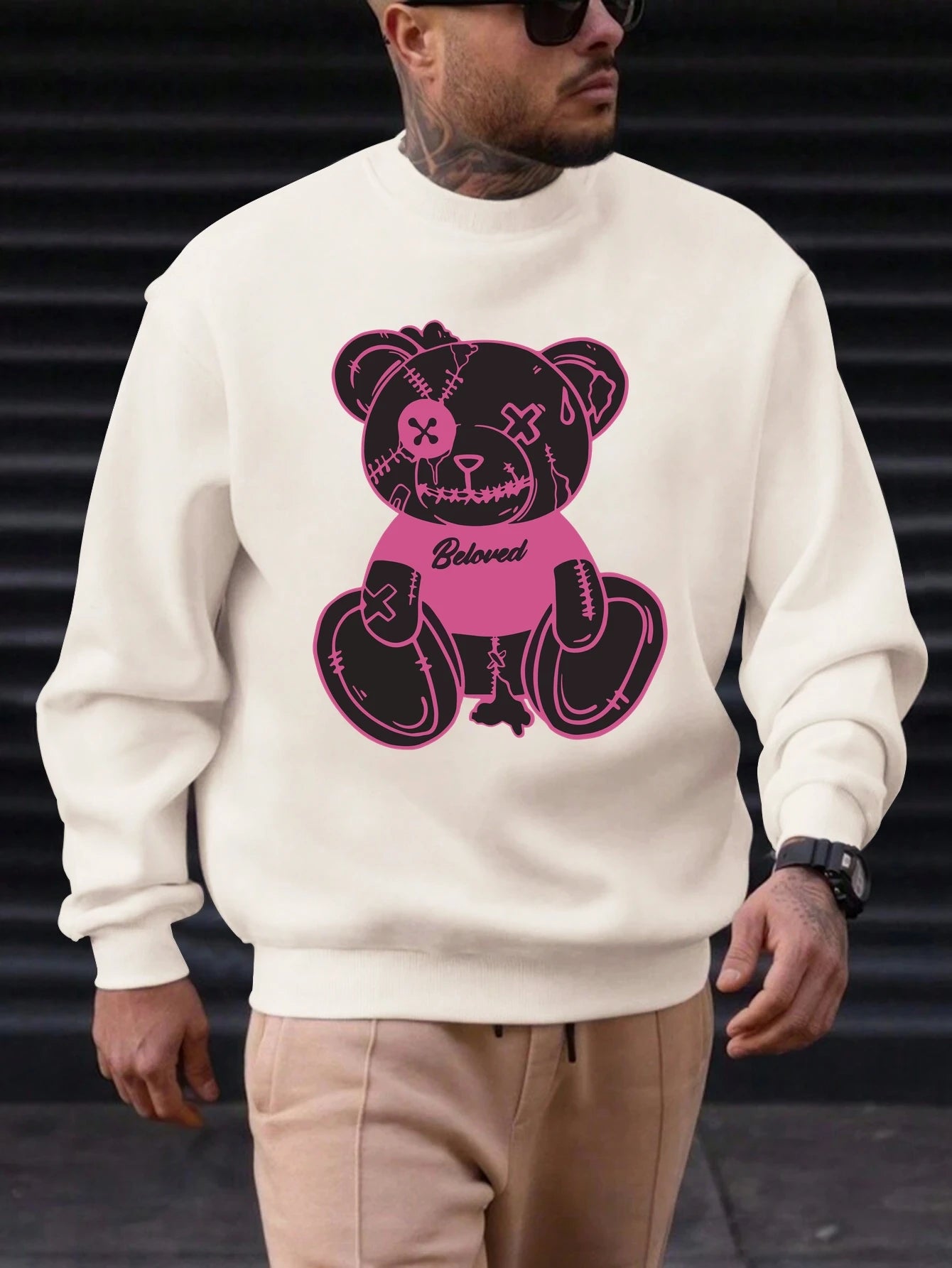 Men's Sweatshirt 2025 New Arrival Edgy Streetwear Cozy Relaxed Fit Distressed Teddy Bear 'Beloved' Quote Bold Print Graphic Top