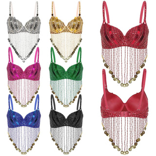 Womens Sequin Beaded Belly Dance Bra Tops with Tassels Dance Costume for Music Festival Club Belly Dance Wear Clubwear Promise Mart