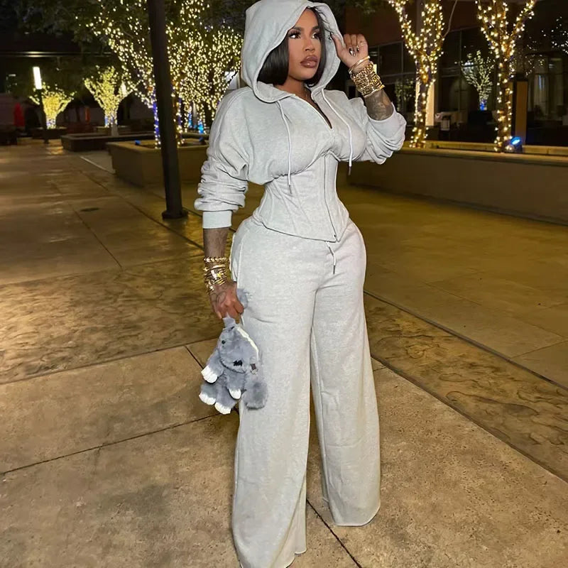 Streetwear Casual Tracksuit Woman 2 Piece Sets Sporty Zipper Hooded Lace-up Bandage Corset Jacket and Sweatpants Matching Set