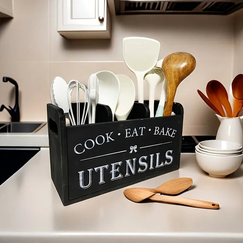 1pc Kitchen with Compartmentalized Cutlery Storage Rack, Rustic Style Wooden Countertop Organizer, Kitchenware Accessories