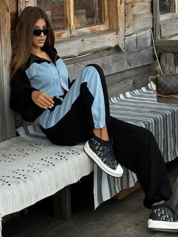 Zekye Autumn Spring Summer Hoodies 2 Piece Sets Long Sleeve Zipper Women's Tracksuit New Crop Tops Wide Leg Sport Pants Set