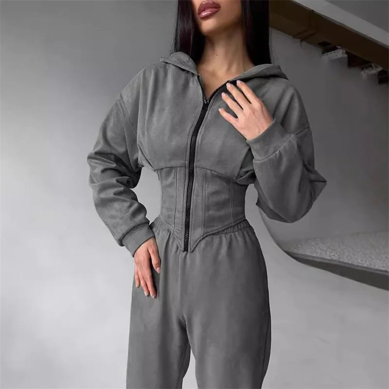 2025 Sweatshirt Two-piece Suit Women's Casual Sports Sets Zipper-up Hooded Tunic Short Jacket Top Straight Trousers 2-piece Sets