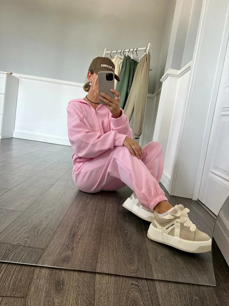 FSMG Casual Hooded Zippers Sweatshirts Pants Set Long Sleeved Cardigan Lace-up Sportswear Two Pieces Set Female Tracksuit Suit