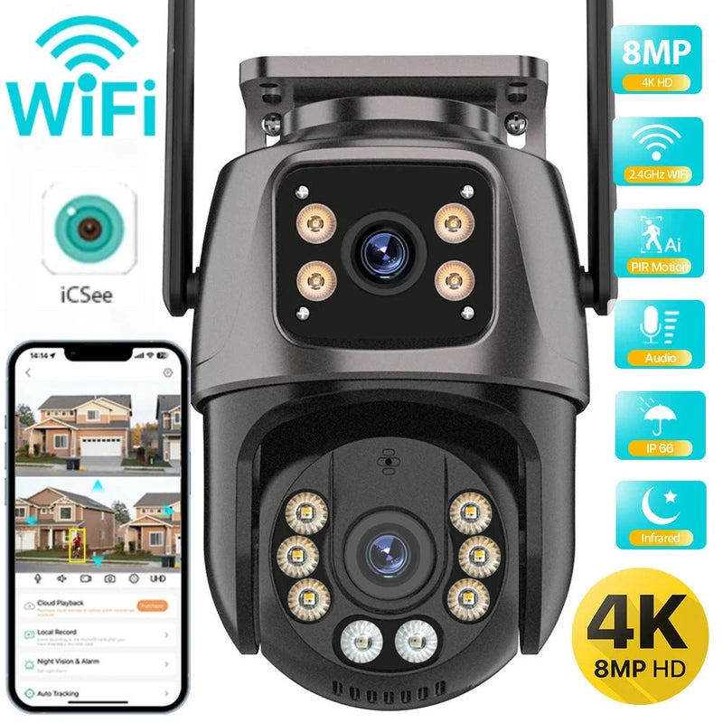 4K Outdoor Surveillance Camera Wifi 8MP Dual Lens Dual Screen 360 PTZ Webcam Motion Detection Auto Tracking IP Camera CCTV Icsee Promise Mart