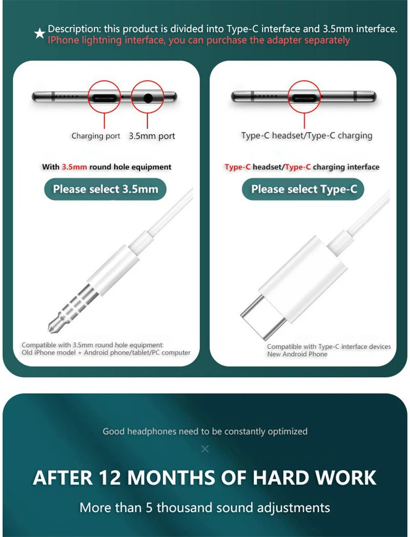 Type-C In-Ear Wired Karaoke Headphones 3.5mm Stereo Music Earbud Handfree Headset Earphones with Mic