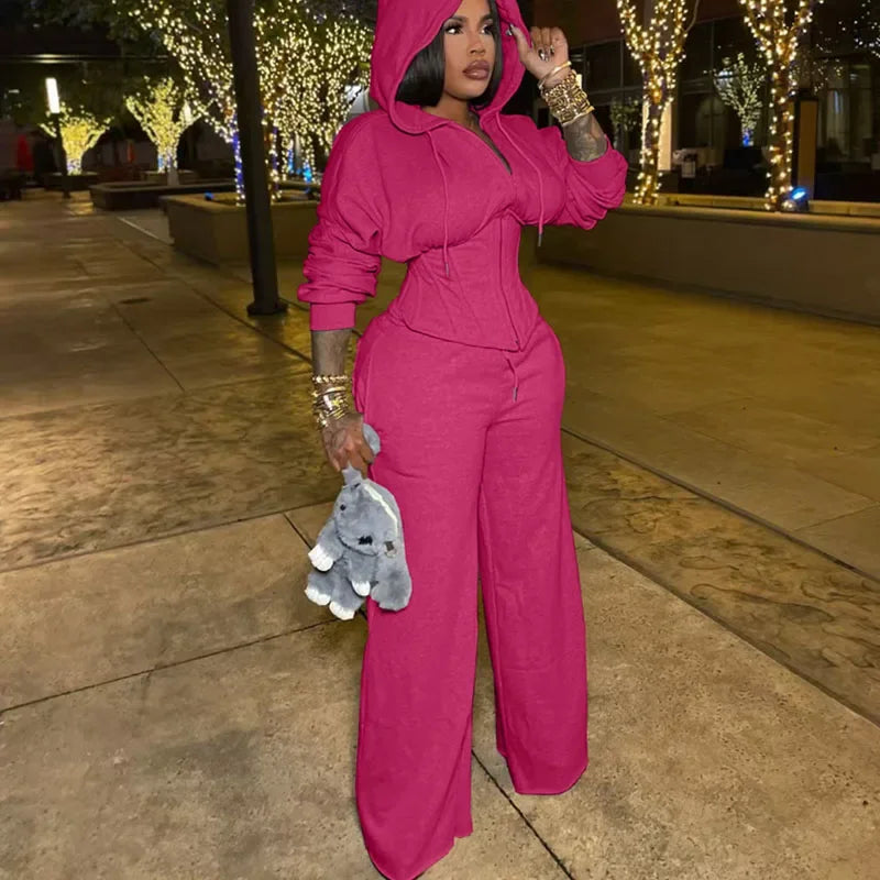 Streetwear Casual Tracksuit Woman 2 Piece Sets Sporty Zipper Hooded Lace-up Bandage Corset Jacket and Sweatpants Matching Set