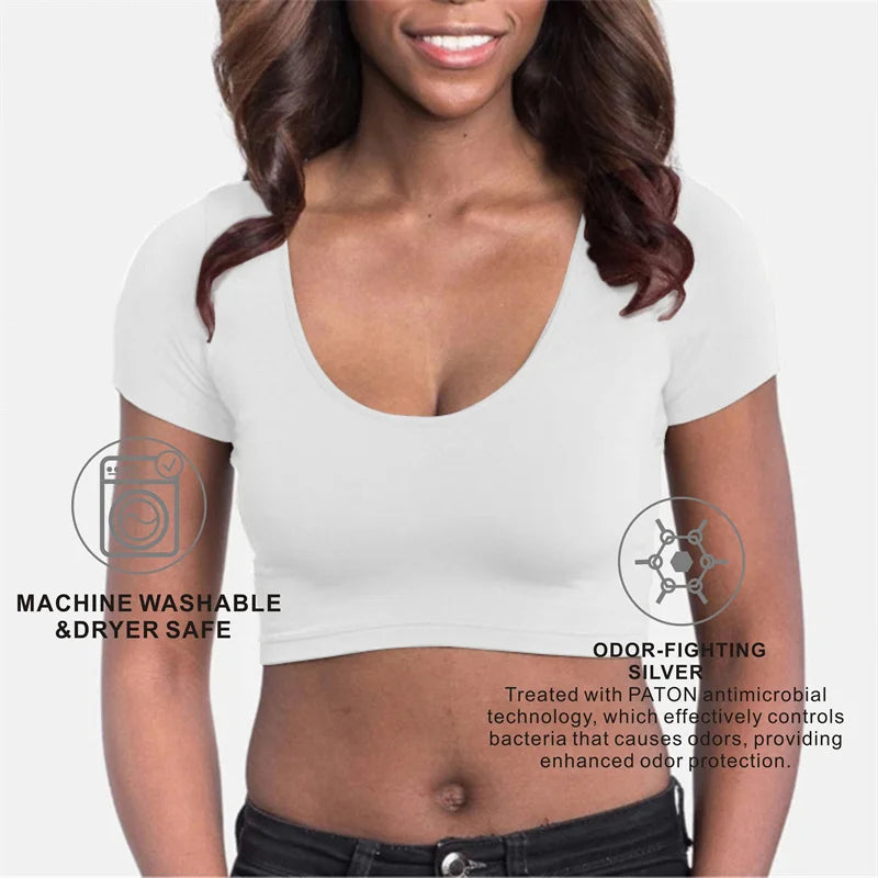 Sweat Proof Padding Anti Perspiration T Shirts Sports Gym Round Neck White Anti-Sweat Sweatproof Undershirts Crop Top