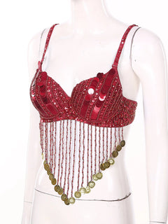 Womens Sequin Beaded Belly Dance Bra Tops with Tassels Dance Costume for Music Festival Club Belly Dance Wear Clubwear Promise Mart