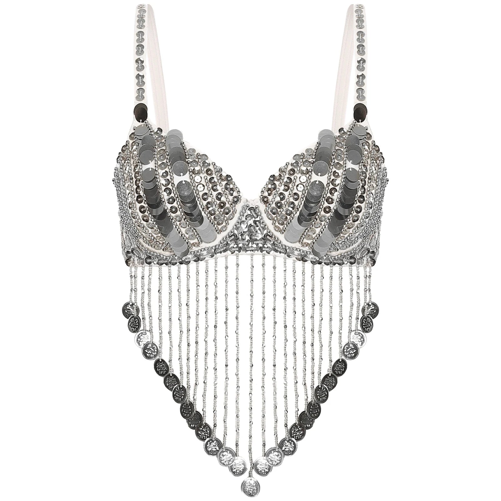 Womens Sequin Beaded Belly Dance Bra Tops with Tassels Dance Costume for Music Festival Club Belly Dance Wear Clubwear
