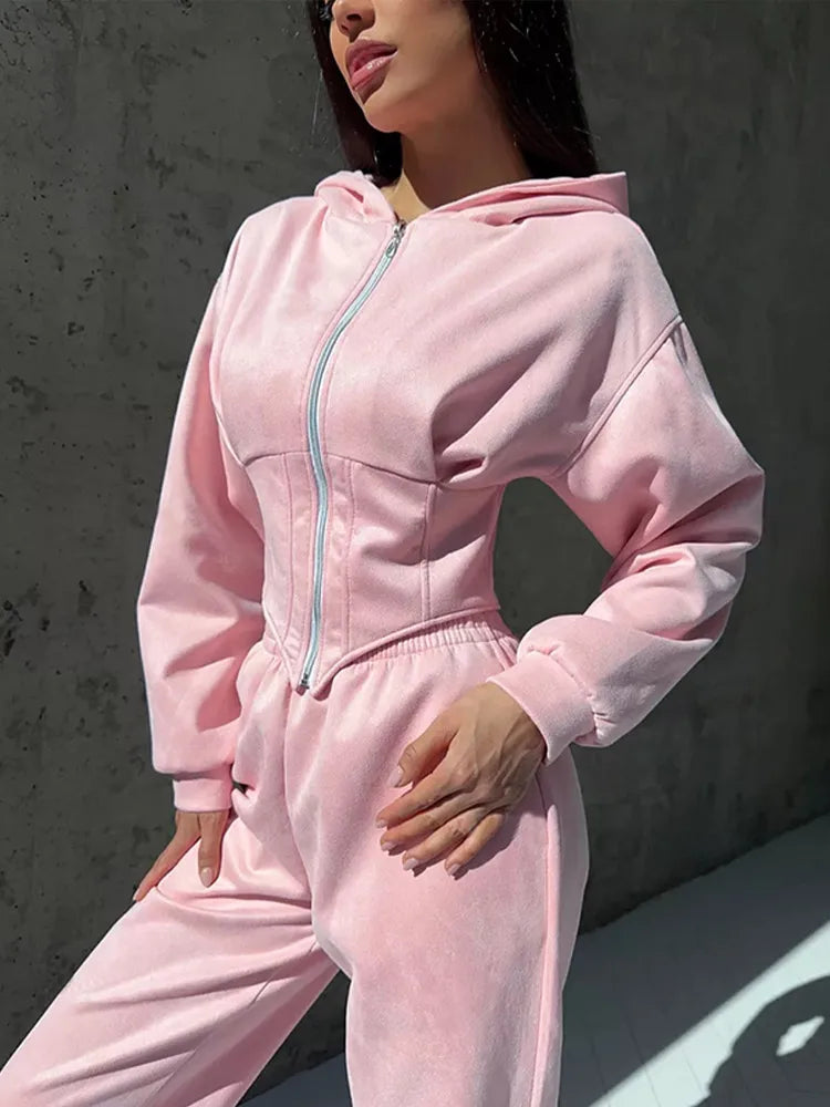 Lady fashion Hooded Belted Outwear Casual Long Sleeve Zipper Waist Cinching Outfits 2025 New Autumn Daily Office Commute Outfit