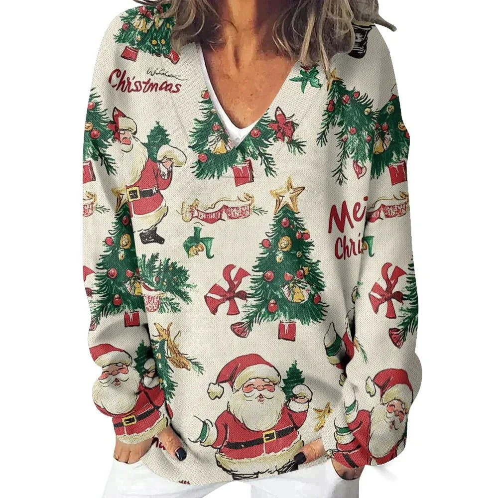 Women Sweatshirts Vintage Santa Claus Printed Oversized Deep V Neck Winter Tops Elegent Pullovers Long Sleeve Loose Jumper