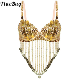 Womens Sequin Beaded Belly Dance Bra Tops with Tassels Dance Costume for Music Festival Club Belly Dance Wear Clubwear Promise Mart