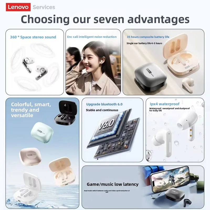 Lenovo Original 2026 Upgrade Headphones TWS Wireless Bluetooth Earphones Touch Control Sport Headset Stereo Earbuds Sport Mic