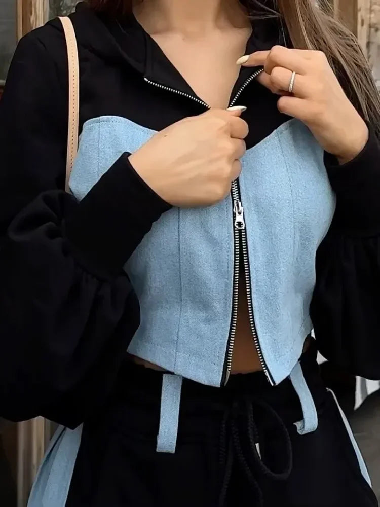 Zekye Autumn Spring Summer Hoodies 2 Piece Sets Long Sleeve Zipper Women's Tracksuit New Crop Tops Wide Leg Sport Pants Set