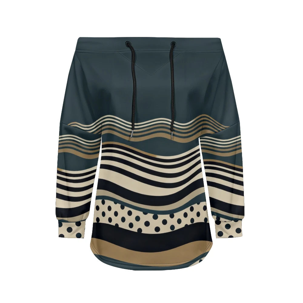 Trendy Off-Shoulder Sweatshirts with Striped & Polka Dot Patterns Drawstring Casual Loose-Fit Top for Women Casual Streetwear