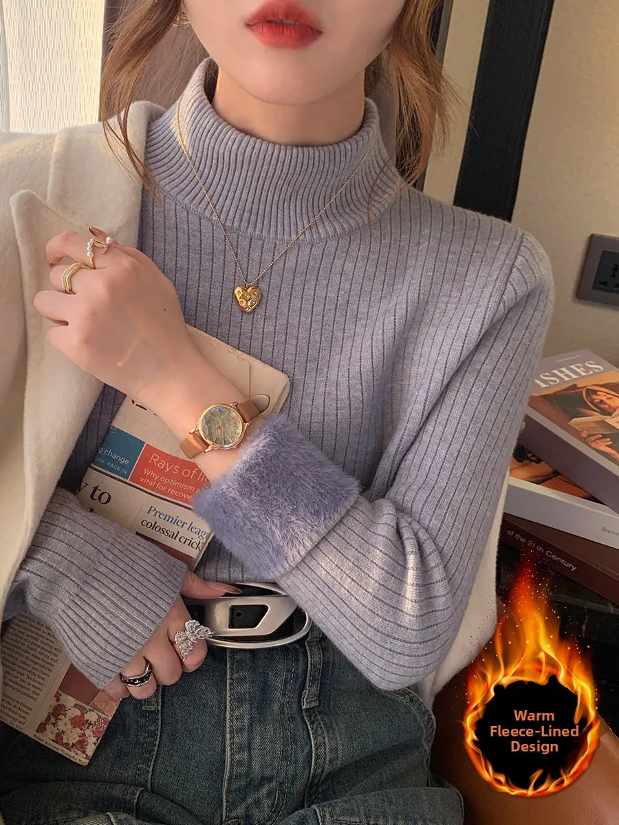 Women's Fce Lined Thiened Autumn Winter Knitwear f High Collar  Velvet Inner irt Warm Top White Color