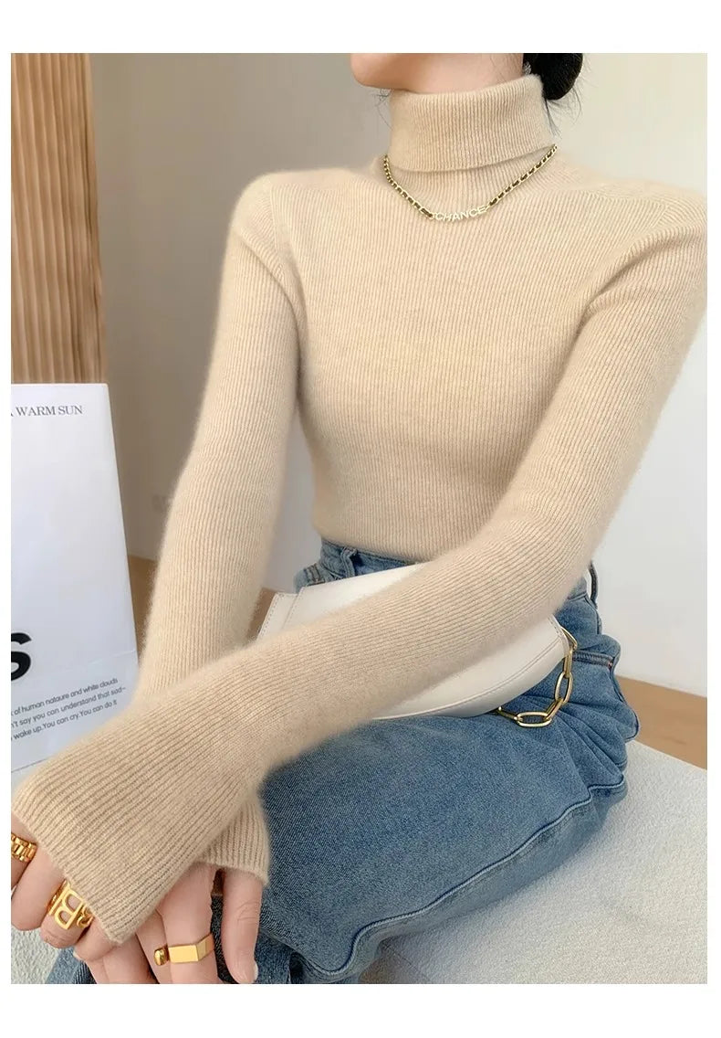 Autumn Winter Thiened Slim Fit Camere Sweater High Collar Knitted Wool Base irt Pure Color Crew Ne Sweater for Women