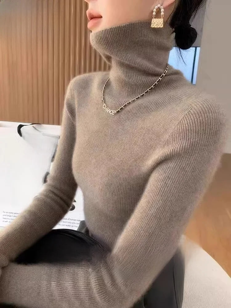 Autumn Winter Thiened Slim Fit Camere Sweater High Collar Knitted Wool Base irt Pure Color Crew Ne Sweater for Women