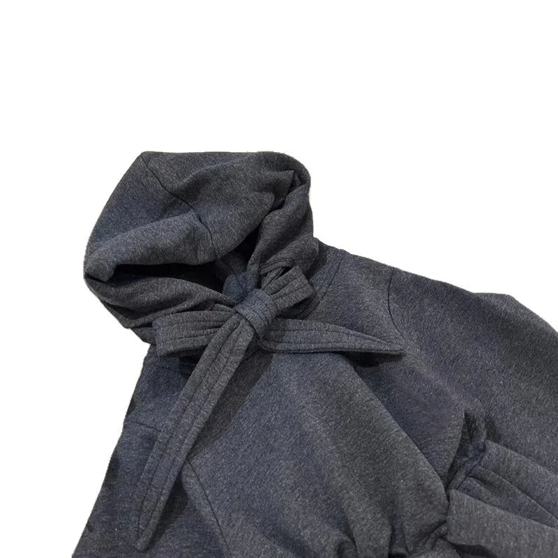 Girls Sweatshirt 2025 Autumn Winter Korean Style Fashion Cute Lovely Dark Gray Solid Color Ruffles Long Sleeve Hoodie