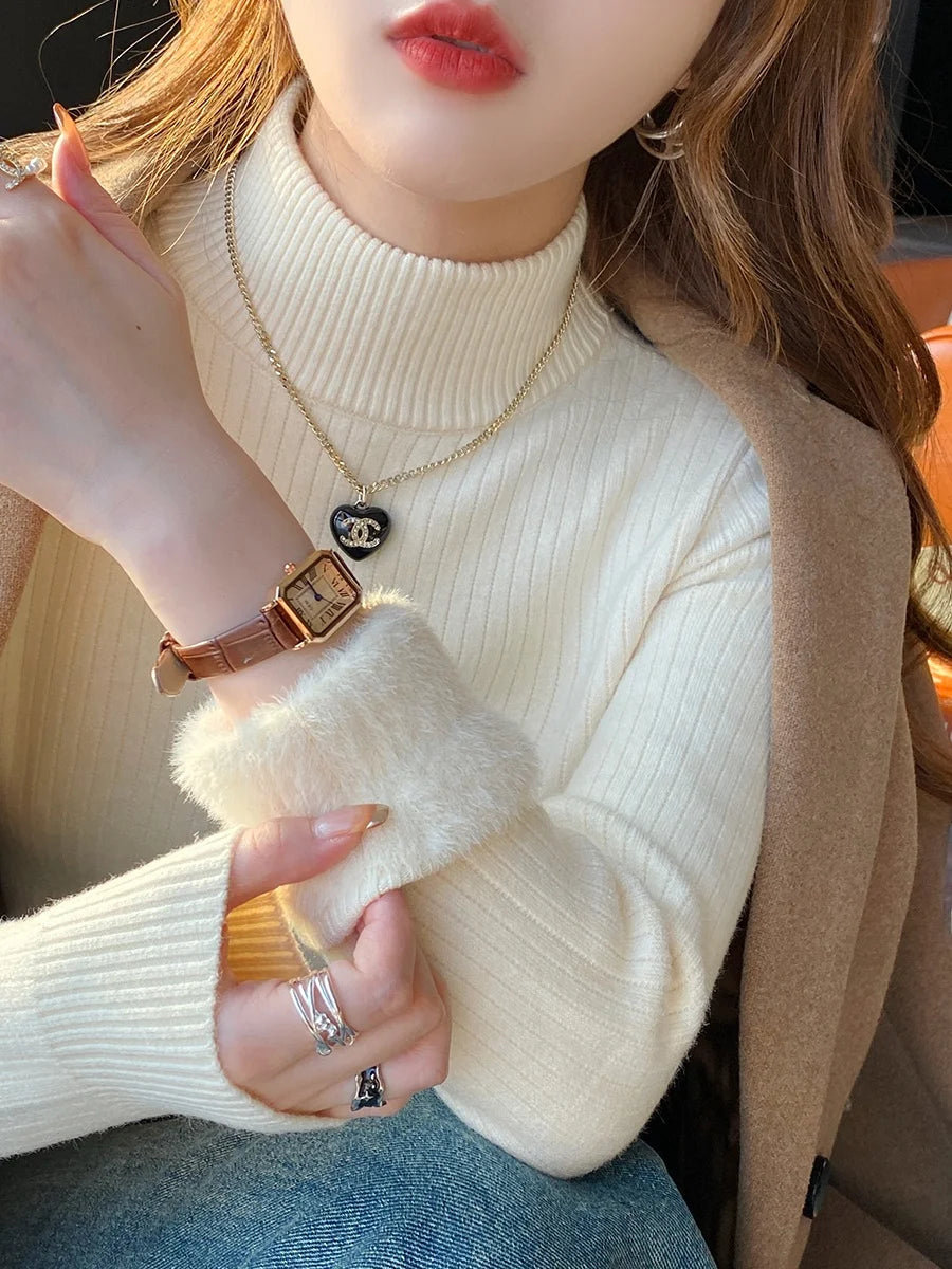 Women's Fce Lined Thiened Autumn Winter Knitwear f High Collar  Velvet Inner irt Warm Top White Color