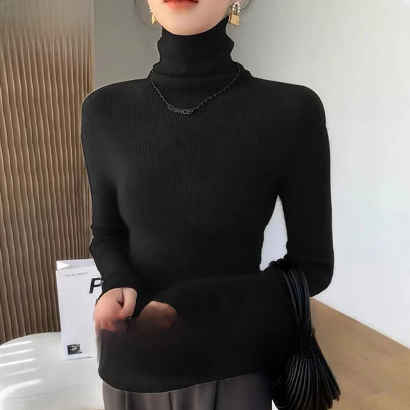 Autumn Winter Thiened Slim Fit Camere Sweater High Collar Knitted Wool Base irt Pure Color Crew Ne Sweater for Women