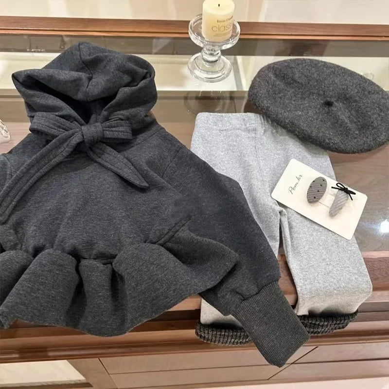 Girls Sweatshirt 2025 Autumn Winter Korean Style Fashion Cute Lovely Dark Gray Solid Color Ruffles Long Sleeve Hoodie