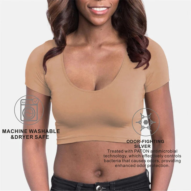 Sweat Proof Padding Anti Perspiration T Shirts Sports Gym Round Neck White Anti-Sweat Sweatproof Undershirts Crop Top