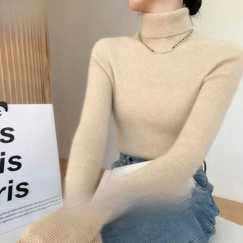 Autumn Winter Thiened Slim Fit Camere Sweater High Collar Knitted Wool Base irt Pure Color Crew Ne Sweater for Women