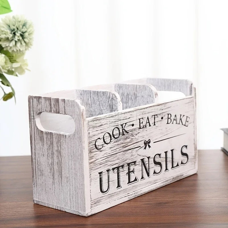 1pc Kitchen with Compartmentalized Cutlery Storage Rack, Rustic Style Wooden Countertop Organizer, Kitchenware Accessories