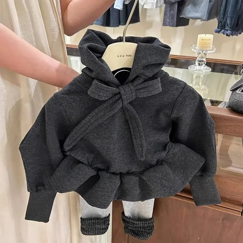 Girls Sweatshirt 2025 Autumn Winter Korean Style Fashion Cute Lovely Dark Gray Solid Color Ruffles Long Sleeve Hoodie