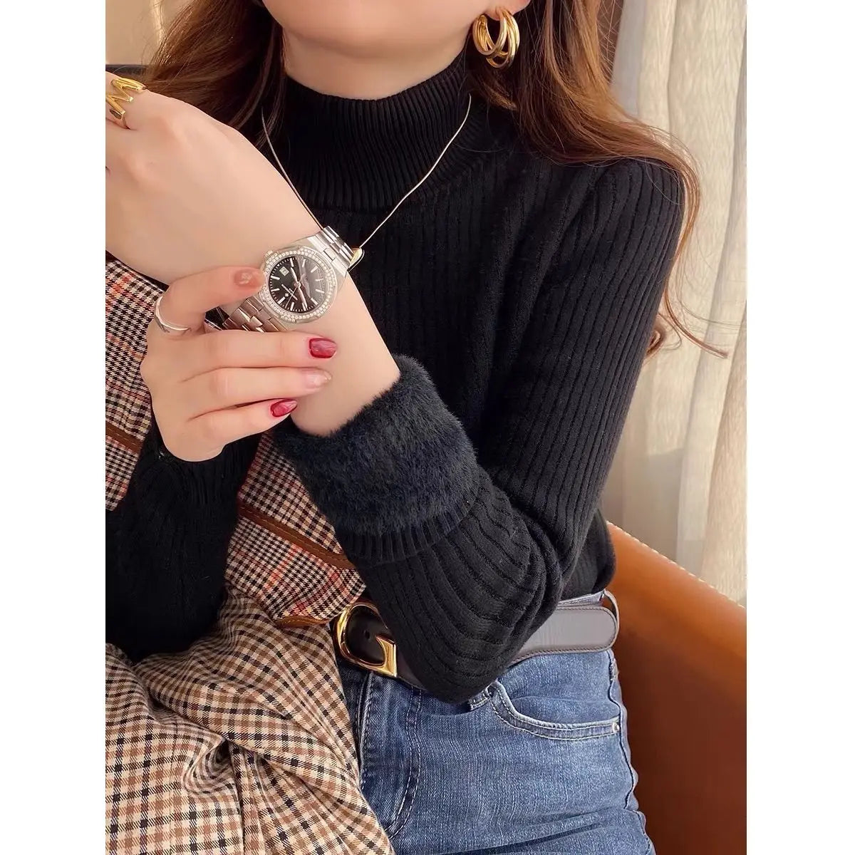 plus Size Fce Lined Knitted Sweater Women's Inteated Velvet f High Collar Base irt Inner Warm Top Commute Sle Kor...