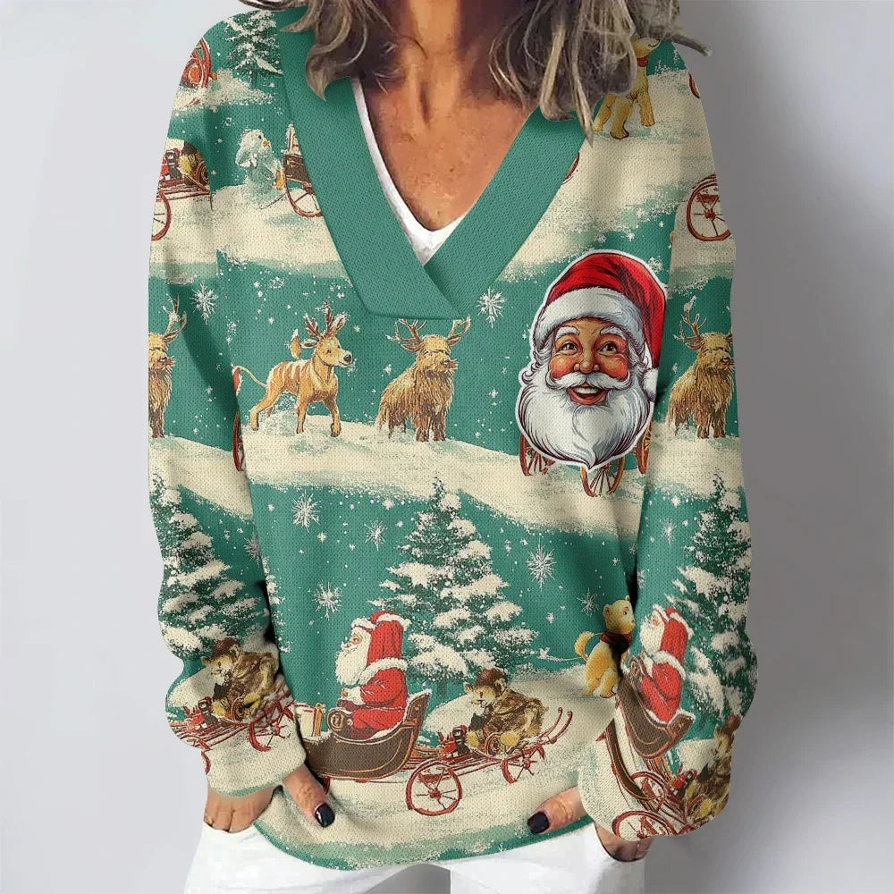 Women Sweatshirts Vintage Santa Claus Printed Oversized Deep V Neck Winter Tops Elegent Pullovers Long Sleeve Loose Jumper