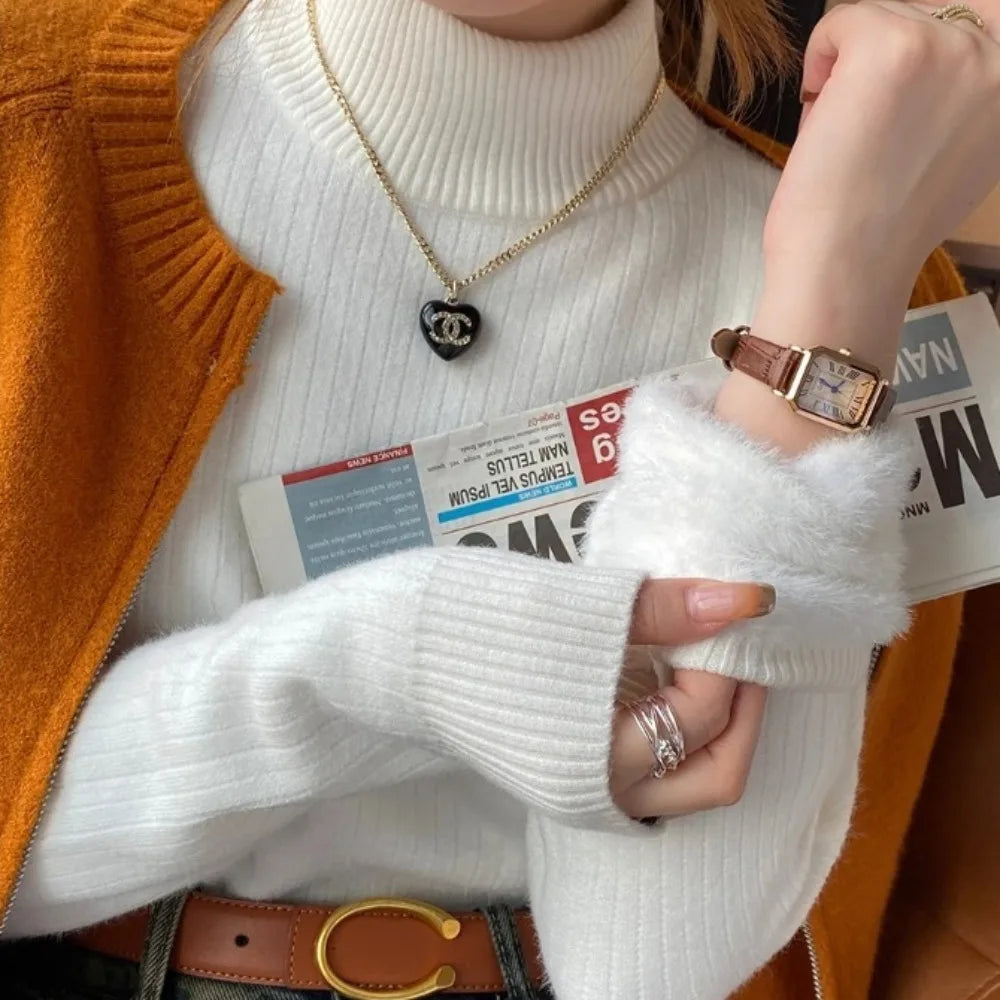 Women's Turtleneck Sweater Winter 2025 Retro with Velvet Lining Thickened Inner Wear Thermal Knitting Bottoming Shirt Pullovers