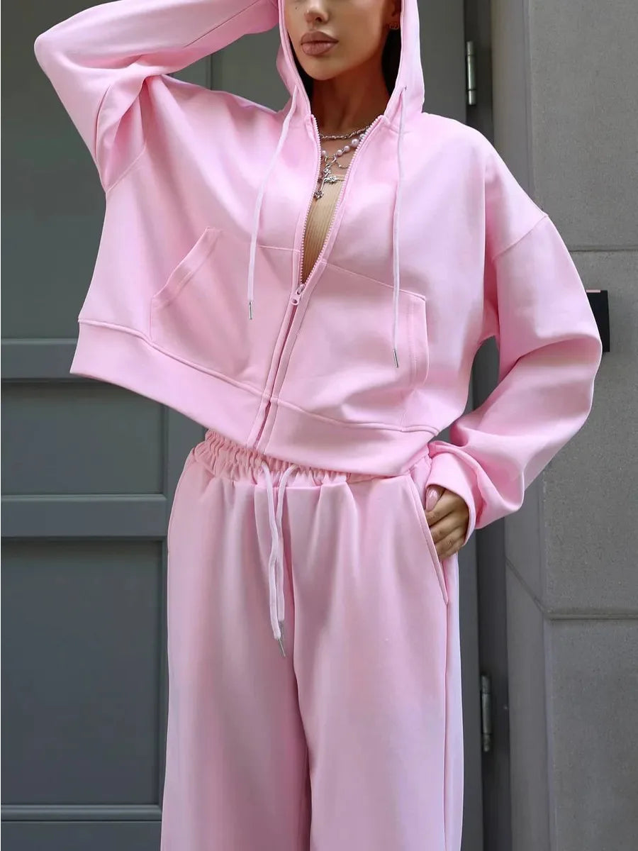 FSMG Casual Hooded Zippers Sweatshirts Pants Set Long Sleeved Cardigan Lace-up Sportswear Two Pieces Set Female Tracksuit Suit